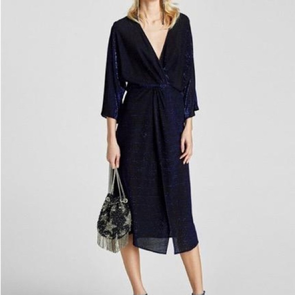 Zara Shimmery Dress Slit Front Neon Blue